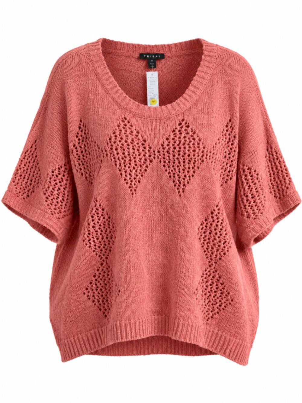 Tribal Golden Tropics Muted Clay Cotton Pointelle Sweater Plus Size 1X